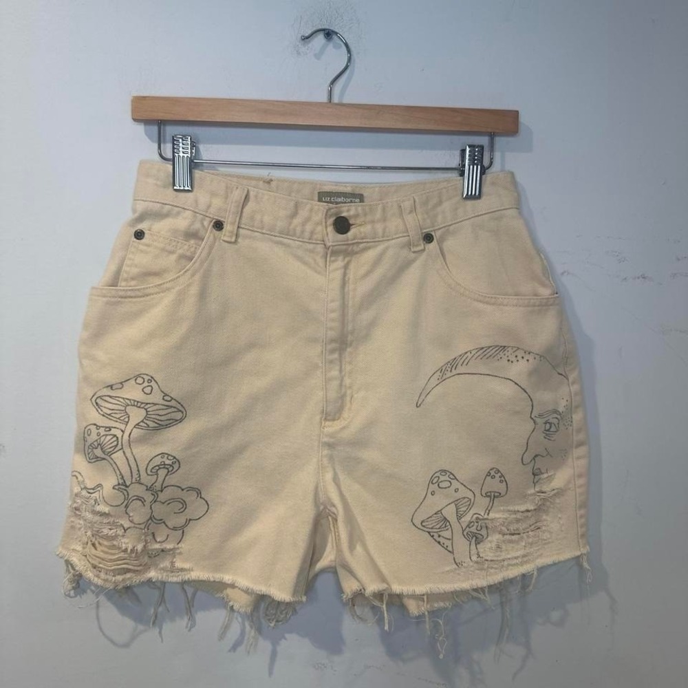 Goblincore Vintage Cream Mushroom, Moon pattern denim shorts 10 Medium